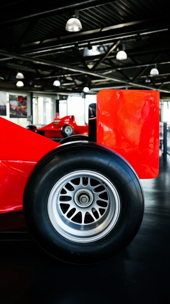 massive black slick rear tire dominating the foreground, silver multi-spoke wheel rim, central locking nut, glossy red open-wheel racing car, vertical aerodynamic rear wing endplate, dark indoor exhibition space, smooth black floor, industrial ceiling with exposed metal trusses, hanging dome lights, bright natural light from background windows, out-of-focus second red race car in the distance, dramatic high-contrast lighting, shallow depth of field, highly saturated colors, crisp reflections