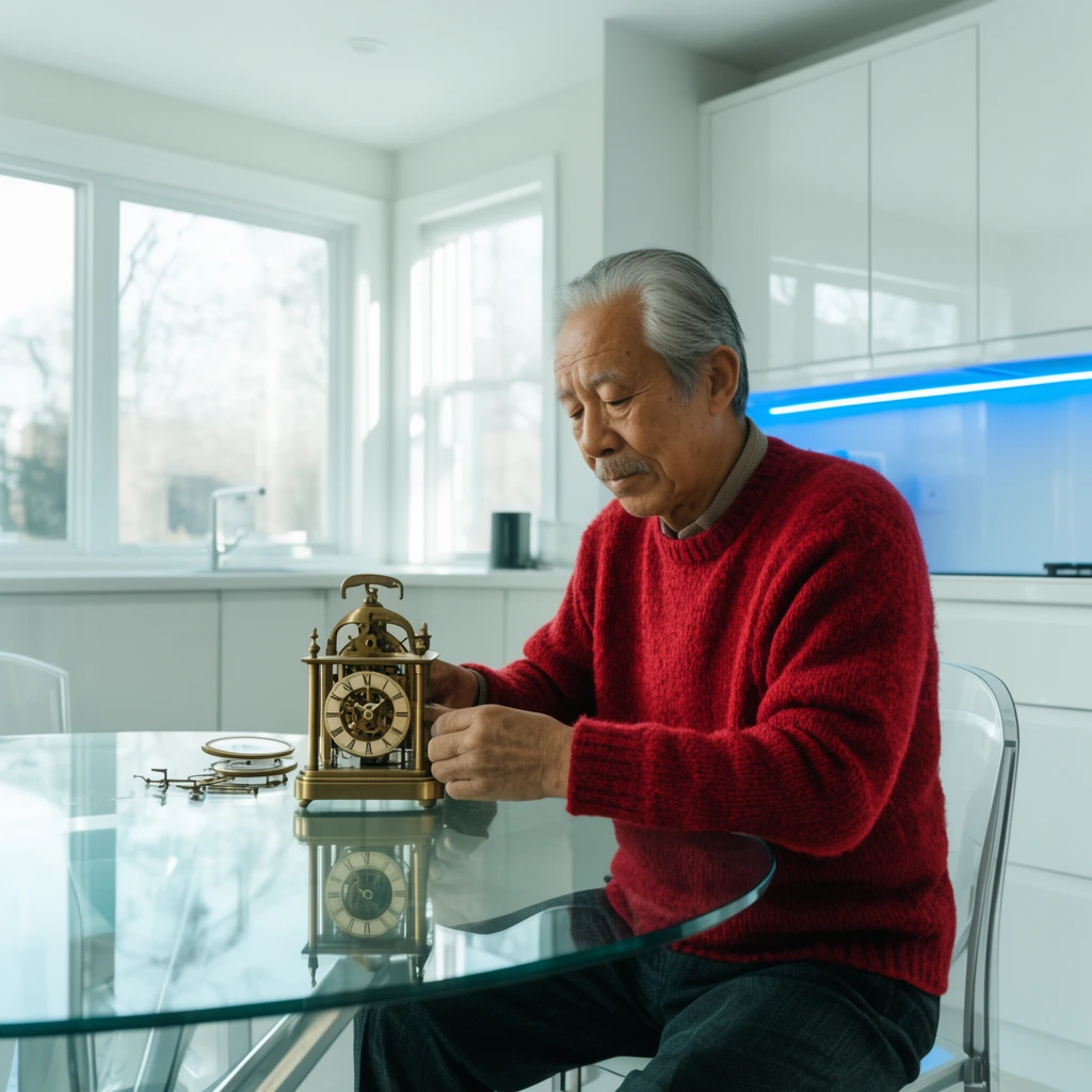 Elderly Asian man in a thick red wool sweater, seated at a glass dining table assembling a brass mechanical clock, bright minimalist kitchen, glossy white cabinets, high-key natural daylight from large windows, neon blue under-cabinet lighting, wide cinematic shot, crisp focus