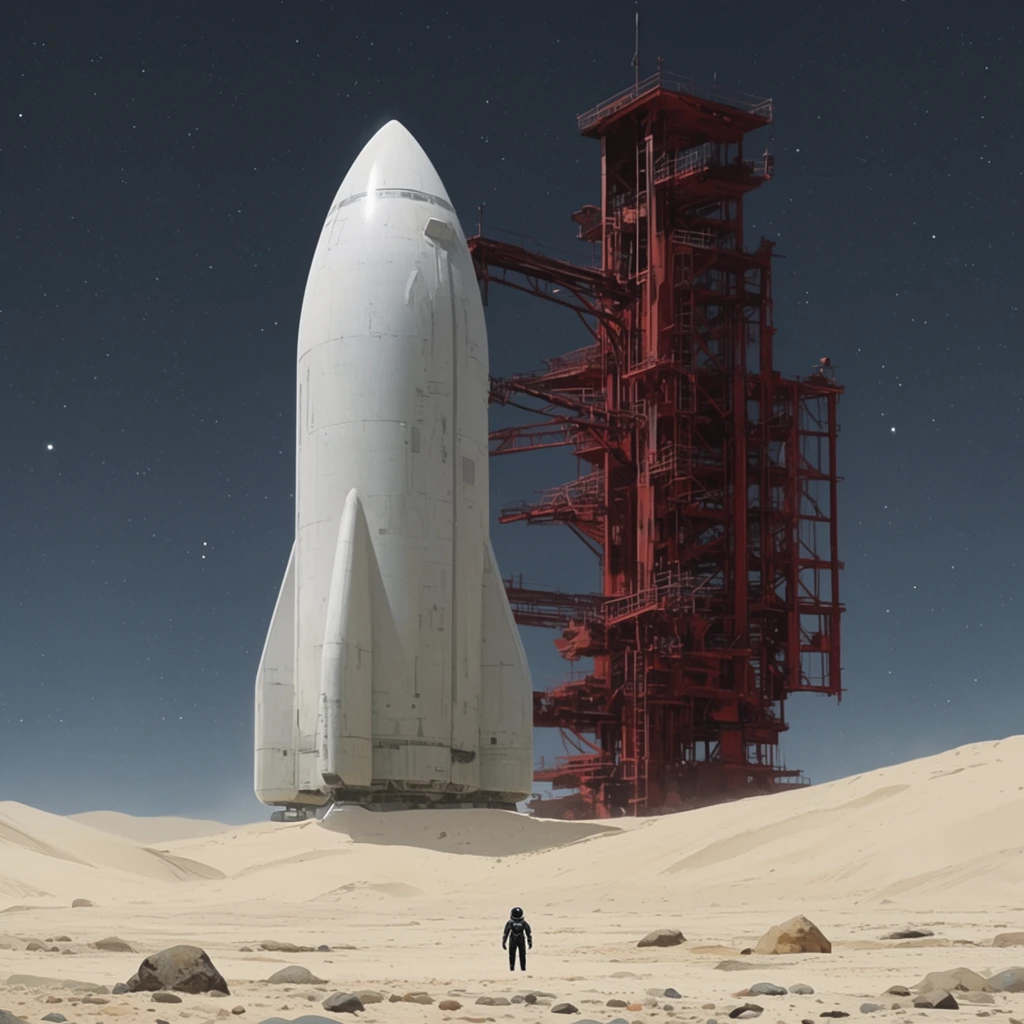 massive bullet-shaped white spacecraft standing vertically on pale desert dunes, towering rusty red skeletal launch gantry adjacent with intricate walkways, tiny solitary figure in a dark spacesuit in the foreground, desolate terrain, scattered rocks, deep blue-grey night sky speckled with stars, stark lighting contrasting pristine hull against weathered scaffolding, immense scale, realistic sci-fi concept art