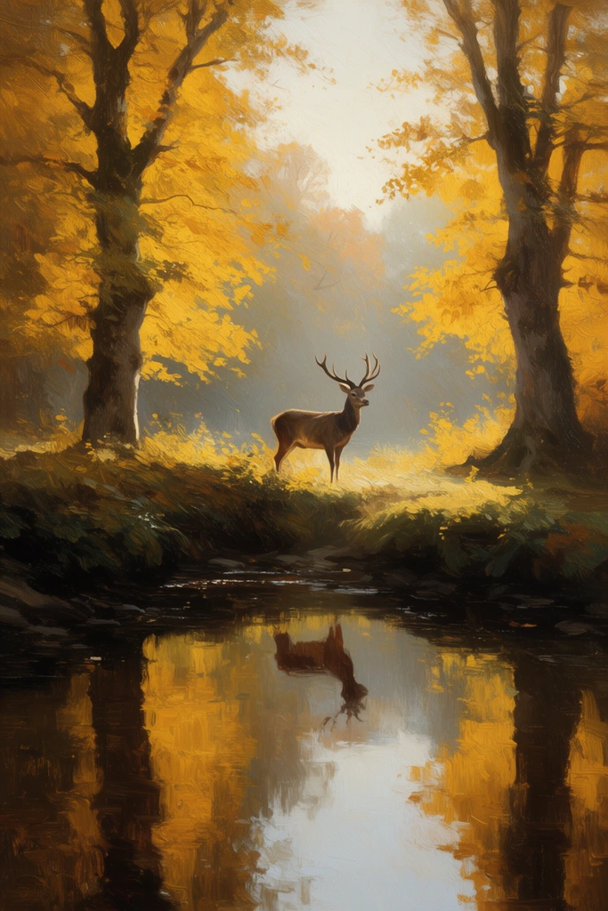 A stag with prominent antlers stands on the sunlit bank of a forest stream. Textured oil painting brushstrokes define vibrant golden-yellow autumn foliage on massive framing trees. Luminous mist filters through the distant background canopy. The dark foreground water vividly reflects the stag, illuminated leaves, and pale sky in a classical, highly textured landscape composition.