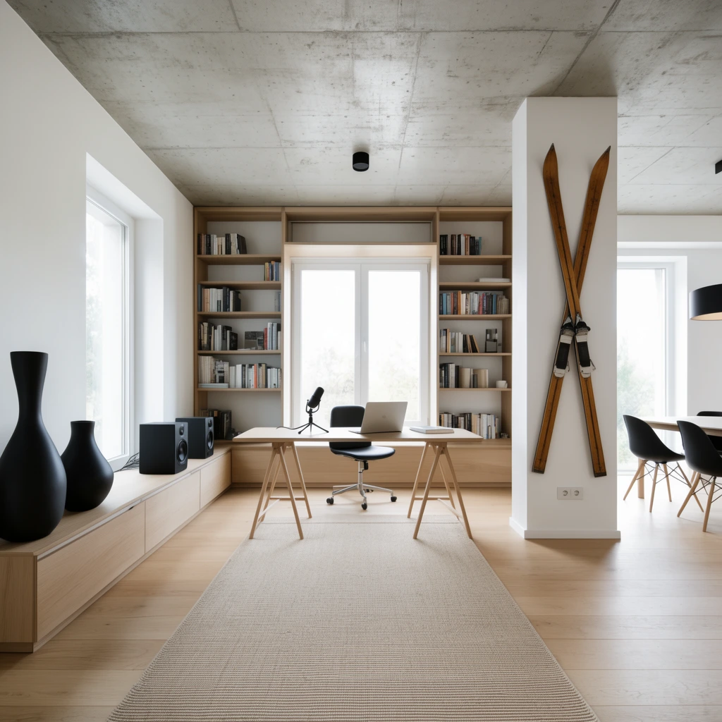minimalist modern open plan home office, bright natural daylight, wide-angle architectural photography, light wood sawhorse desk facing a window framed by built-in bookshelves, silver laptop, black microphone on a tripod, crossed vintage wooden skis mounted on a white wall pillar, low wooden console with smooth black sculptural vases and black stereo speakers, beige ribbed runner rug on light oak flooring, exposed concrete ceiling, background dining area with black molded chairs, clean lines, photorealistic