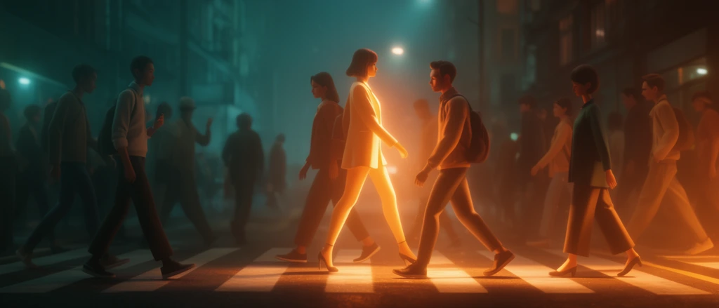 Pedestrians walk across a city street at a crosswalk illuminated by dramatic teal and orange cinematic lighting. An intense, glowing amber light source bathes the central figures, contrasting sharply with the deep cyan shadows of the ambient urban environment. Volumetric fog fills the scene, softening the background buildings through a shallow depth of field. The visual style features smooth digital 3D rendering, stark chiaroscuro, glowing atmospheric highlights, and subtle lens flares.