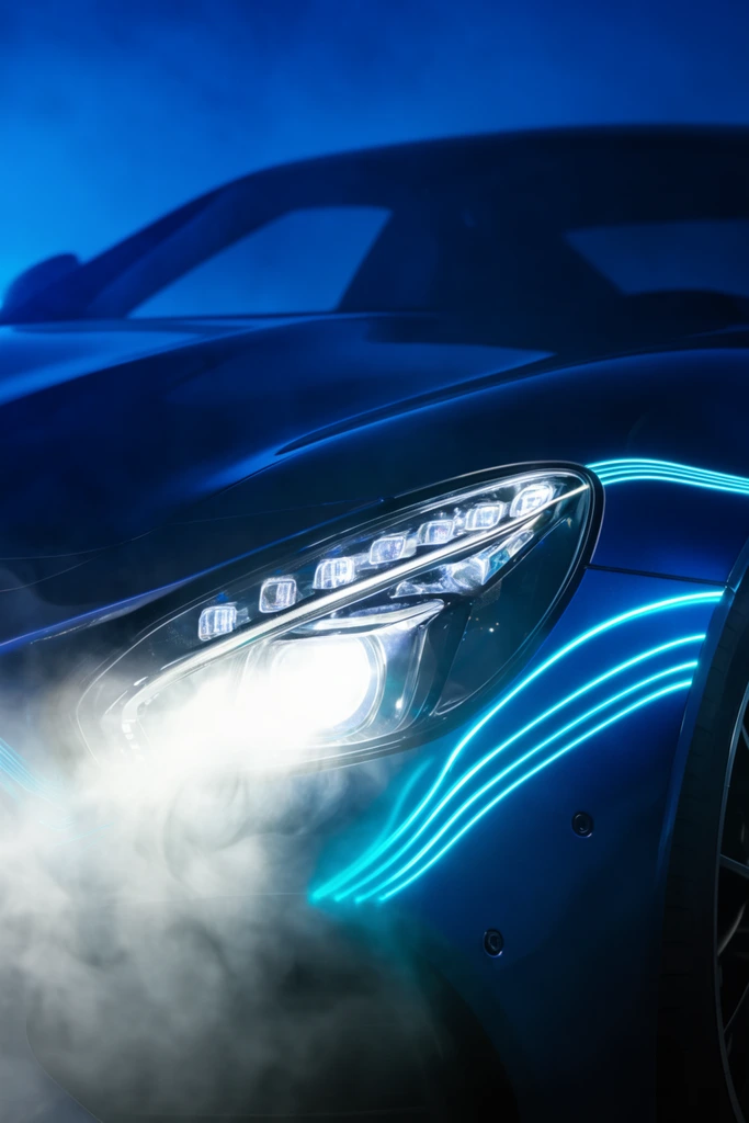 Close-up of a sleek dark blue sports car headlight, complex LEDs glowing brightly, powerful white beam cutting through swirling fog, three vibrant neon cyan horizontal light trails streaking across the glossy curved fender, deep blue atmospheric background, cinematic automotive photography, volumetric lighting