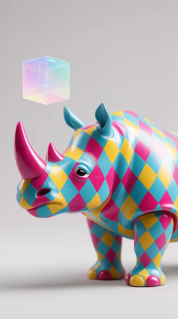 glossy 3D rendered plastic toy rhinoceros covered in a vibrant cyan magenta and yellow harlequin diamond pattern, looking up at a floating translucent holographic cube, subtle surface scratches on the figure, seamless pale gray studio backdrop, soft studio lighting, minimalist macro photography aesthetic