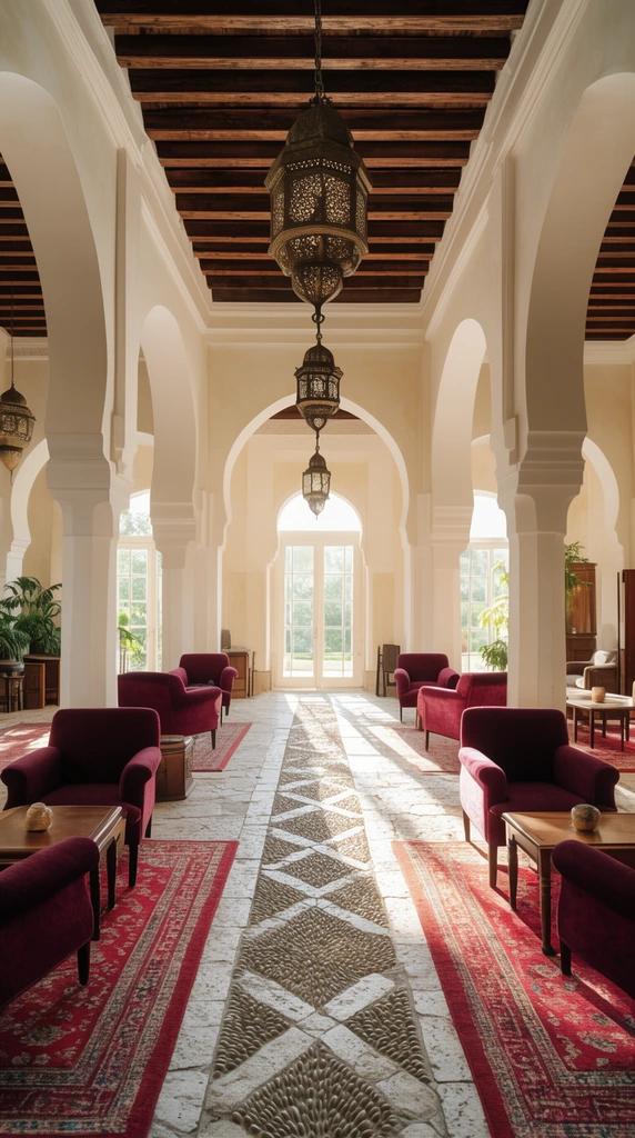 Symmetrical Moorish interior courtyard with thick white pillars, dark wooden ceiling beams, and ornate hanging metal lanterns. A central stone and pebble walkway leads toward bright sunlit glass doors, flanked by plush burgundy armchairs and small wood tables. Warm natural daylight floods the airy space, casting strong architectural shadows across cream walls and red patterned carpets in a deep one-point perspective.