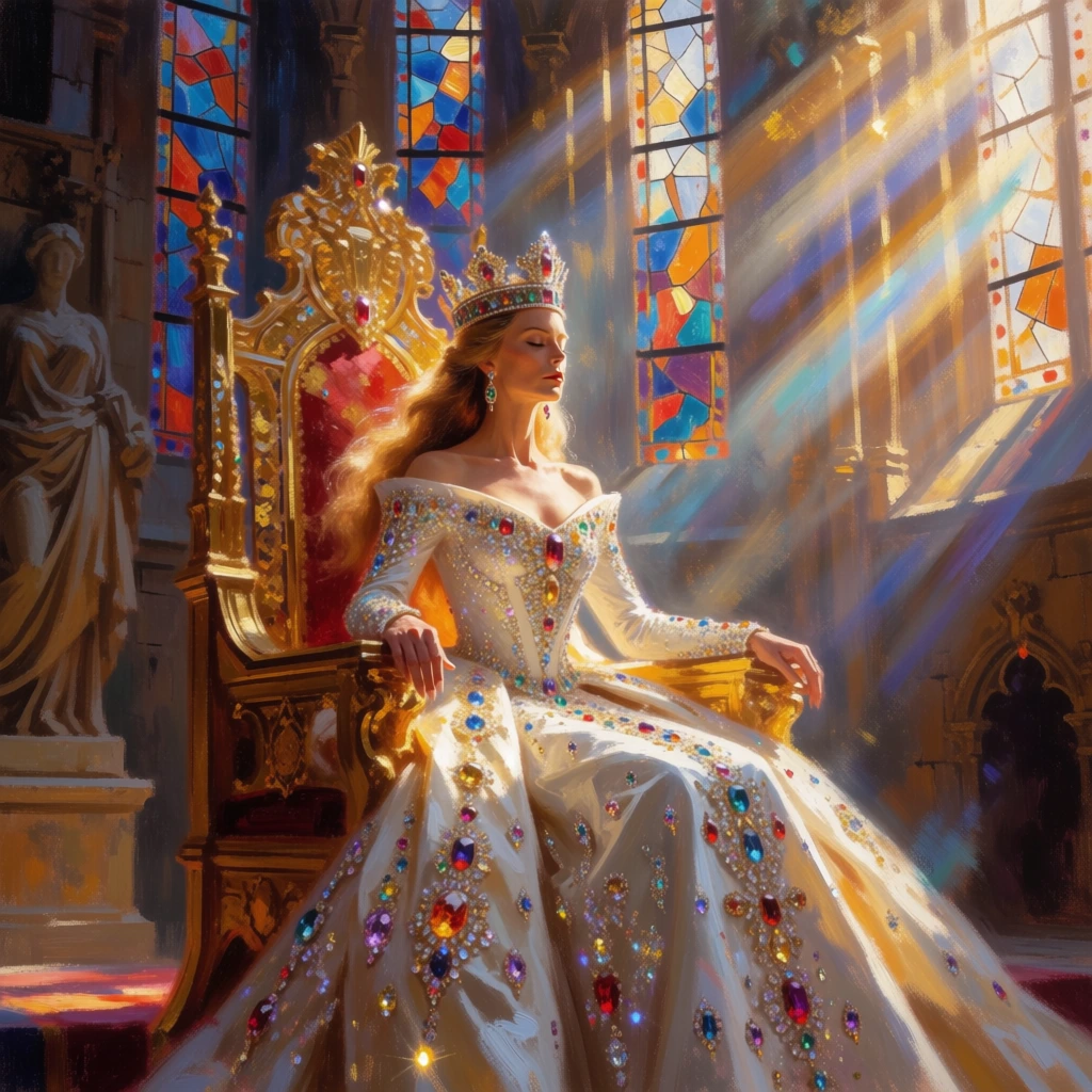 A regal queen adorned in a jewel-encrusted gown sits serenely on an ornate golden throne within a grand, cathedral-like hall illuminated by dramatic shafts of sunlight. The woman possesses long, flowing blonde hair and wears a large, intricate crown shimmering with multi-colored jewels. Her off-the-shoulder white gown is heavily embellished with thousands of sparkling gemstones in shades of blue, red, gold, and violet that cascade down the voluminous skirt, catching the light. She sits with her hands resting on the arms of a massive, elaborately carved golden throne that features a high, decorative backrest. Her eyes are closed, presenting a tranquil and stoic expression as she is bathed in light. In the background, three tall, vertical stained-glass windows featuring vibrant, fragmented patterns of blue, orange, and red line the stone wall. To the far left, a draped stone statue stands partially obscured in the shadows. Thick, diagonal beams of golden sunlight cut through the hazy atmosphere from the upper right, highlighting the queen's silhouette and creating a prismatic effect against the surrounding shadows. The image exhibits a rich, painterly texture with visible brushstrokes and a vibrant color palette dominated by warm gold, brilliant whites, and the multicolored sparkle of the gems. The perspective is a medium shot from a slightly low angle, emphasizing the grandeur of the sovereign and her architectural surroundings.