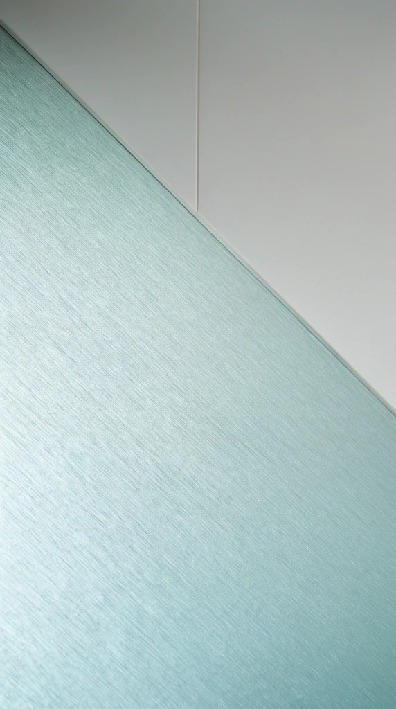 An abstract close-up of architectural surfaces intersecting at a sharp diagonal angle. The dominant lower plane features a pale icy blue-green hue with a highly textured finish of fine, parallel striations resembling brushed metal. This meets a matte light grey surface in the upper right along a crisp straight edge bisected by a faint vertical seam. Soft diffused lighting creates subtle gradients across the cool textured area. The minimalist composition focuses entirely on tactile textures and precise linear geometry.