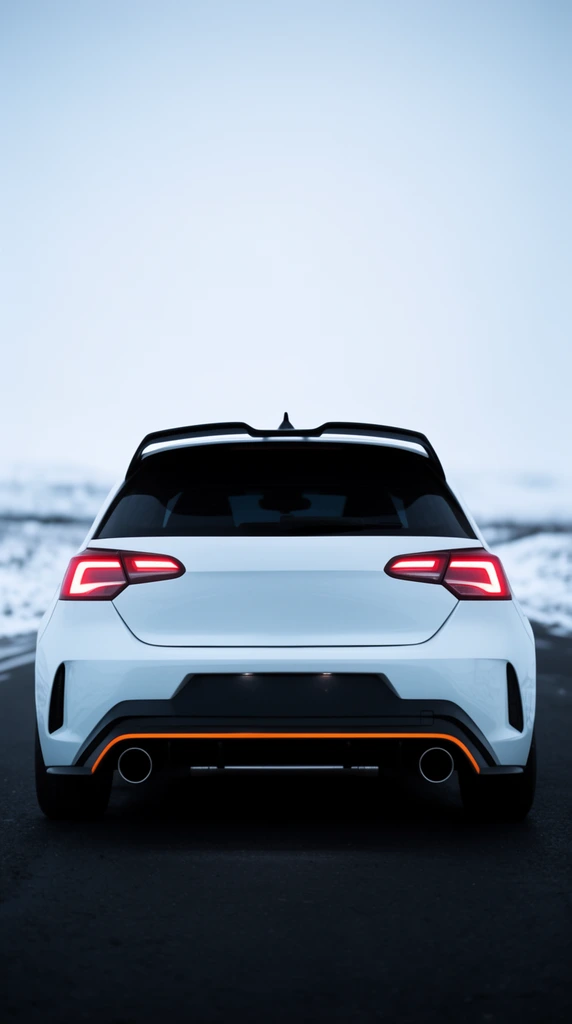 symmetrical rear view of a white sporty hatchback, glowing red LED taillights, black spoiler, dark lower bumper with dual exhausts and bright orange accent line, dark asphalt road, blurred snowy landscape, vast pale overcast sky, cool stark automotive photography