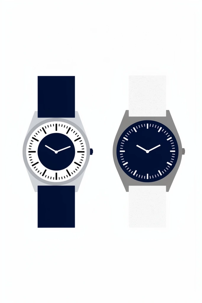 Two minimalist, flat-vector illustrations of wristwatches are positioned side-by-side against a stark white background. The timepiece on the left features a solid dark navy blue strap and a light silver-grey angular casing. Its dial displays a white outer ring with black indices surrounding a dark navy inner face with sleek white hands. The watch on the right contrasts with a subtly textured white strap and a medium-grey casing, featuring an entirely dark navy face detailed with bright white indices along the perimeter. Both timepieces include a small crown on the right edge. The composition employs a crisp, graphic design aesthetic with sharp geometric shapes, flat colors devoid of gradients, and precise symmetry, emphasizing modern utilitarian minimalism.