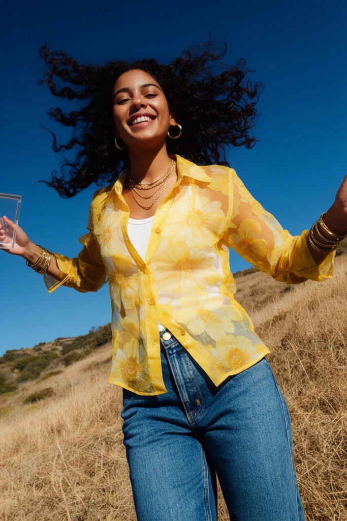 low angle shot of a smiling woman in mid-motion, dark curly hair flying wildly in the wind, sheer yellow button-up shirt with large floral pattern, white undershirt, blue denim jeans, gold hoop earrings, layered gold necklaces, multiple gold bangles, arms outstretched dynamically, one hand holding a clear rectangular object, dry golden grassy hillside, clear deep blue sky, bright direct sunlight, harsh shadows, high color contrast, vibrant candid lifestyle photography