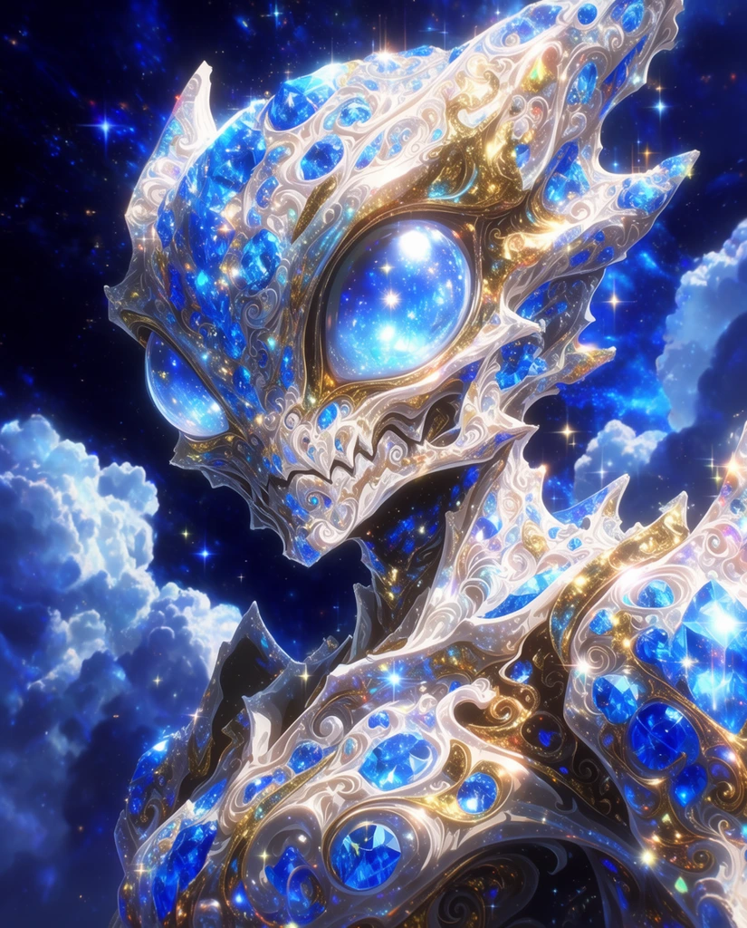 A monstrous alien with large, bulbous eyes rendered in a hyper-detailed, jewel-encrusted celestial fantasy aesthetic. The creature's jagged, imposing anatomy is entirely composed of swirling, intricate filigree, pearlescent white surfaces, and metallic gold accents, heavily embedded with intensely glowing sapphire-blue crystals. The massive eyes shine as brilliant, luminous orbs emitting radiant starlight, dominating the creature's ornate visage. Scintillating points of light, shimmering cosmic dust, and sharp, cross-shaped lens flares burst from the alien's crystalline textures. The entity is set against a deep cosmic navy-blue backdrop filled with massive, billowing, volumetric clouds that resemble glowing nebulas. The composition features a dazzling, high-contrast color palette of radiant stark whites, vivid electric blues, and rich golds. The artistic execution utilizes smooth, high-gloss 3D digital rendering, heavy bloom lighting effects, anime-influenced fantasy detailing, fractal-like ornate linework, and an overwhelming sense of ethereal, cosmic luminescence.