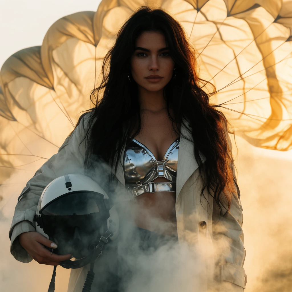 woman with long dark hair holding flight helmet, thick white smoke, metallic top, light coat, billowing parachute background, golden hour lighting