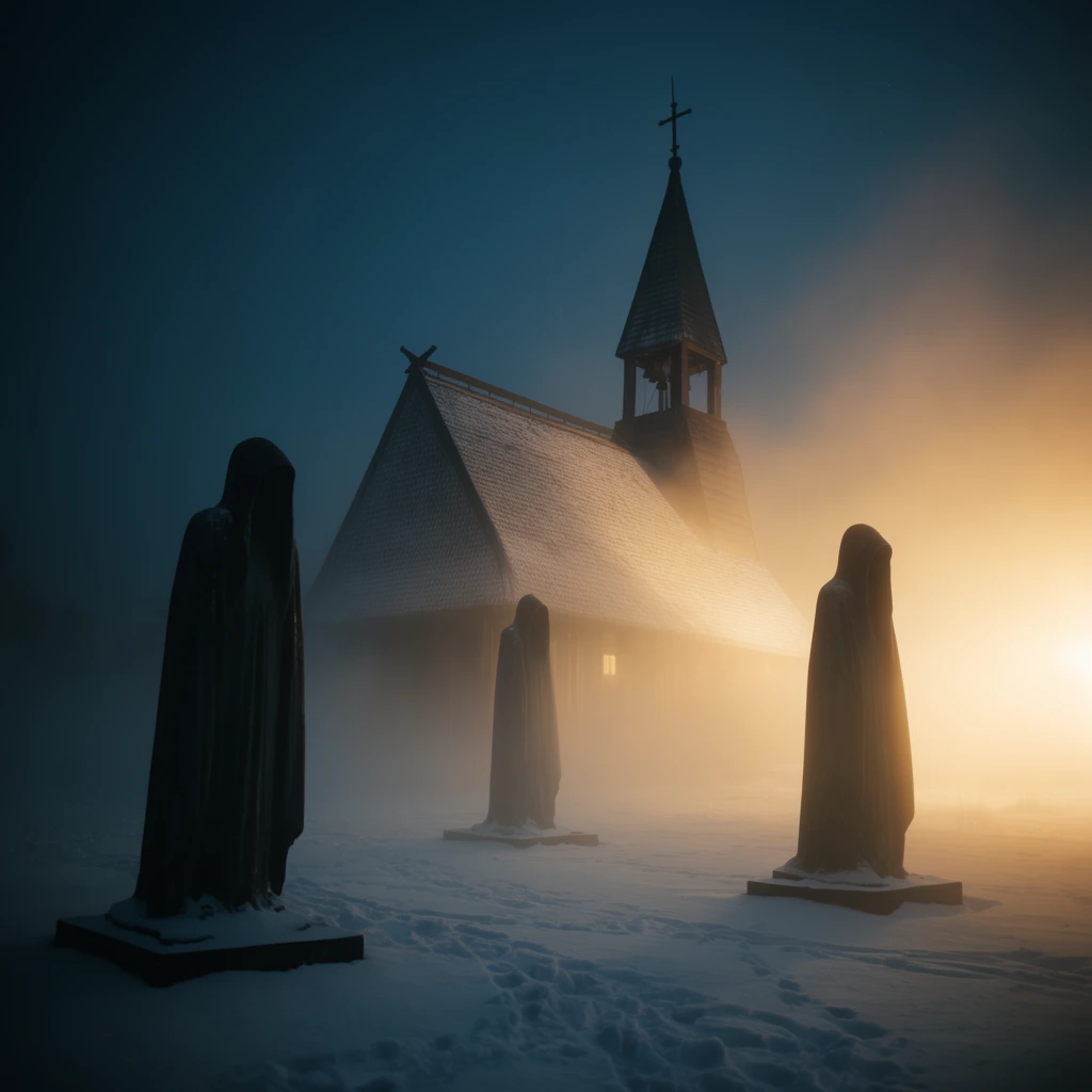 three dark monolithic hooded statues in a snowy field, looming wooden church with peaked roof and bell tower in misty background, heavy atmospheric fog, deep blue twilight sky, intense warm golden light glowing through mist, footprints in snow, ethereal winter landscape, moody cinematic lighting