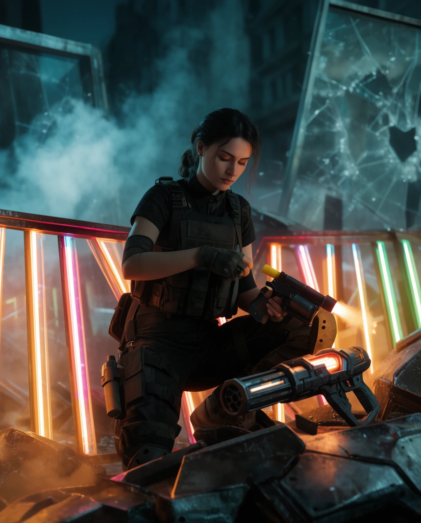 A female partisan fighter in tactical stealth gear crouches behind a glowing neon barricade reloading a flare gun. Heavy smoke drifts through shattered glass structures in a dystopian cityscape. A futuristic energy cannon rests on metallic rubble. Cinematic lighting casts deep cyan and amber tones through the haze with shallow depth of field.