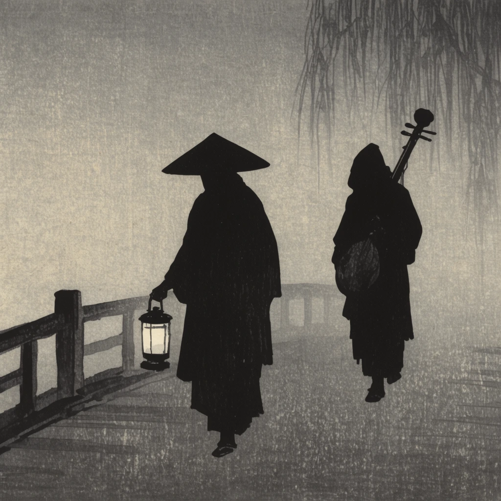 two black silhouetted figures walking a misty path, traditional woodblock print style, leading figure in a conical hat holding a glowing lantern, hooded trailing figure carrying a stringed instrument, wooden bridge railing, faint weeping willow silhouette, muted grey background, minimalist moody composition, textured paper