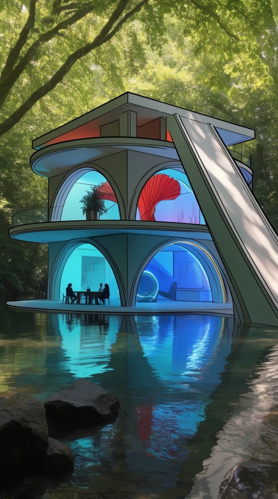 A multi-level architectural pavilion with prominent sweeping arches and circular platforms stands partially submerged in calm water. The structure is rendered in a cel-shaded style with bold black outlines, contrasting sharply with the photorealistic lush green forest canopy above. A long ramp descends from the flat roof. Vibrant cyan and neon blue lighting illuminates the open-air interiors, revealing silhouetted figures at a ground-floor table and a striking red fan-shaped sculpture on the middle tier. Dark rocks sit in the foreground shallows, while the rippling water creates a vivid mirror reflection of the glowing architecture beneath dappled sunlight.