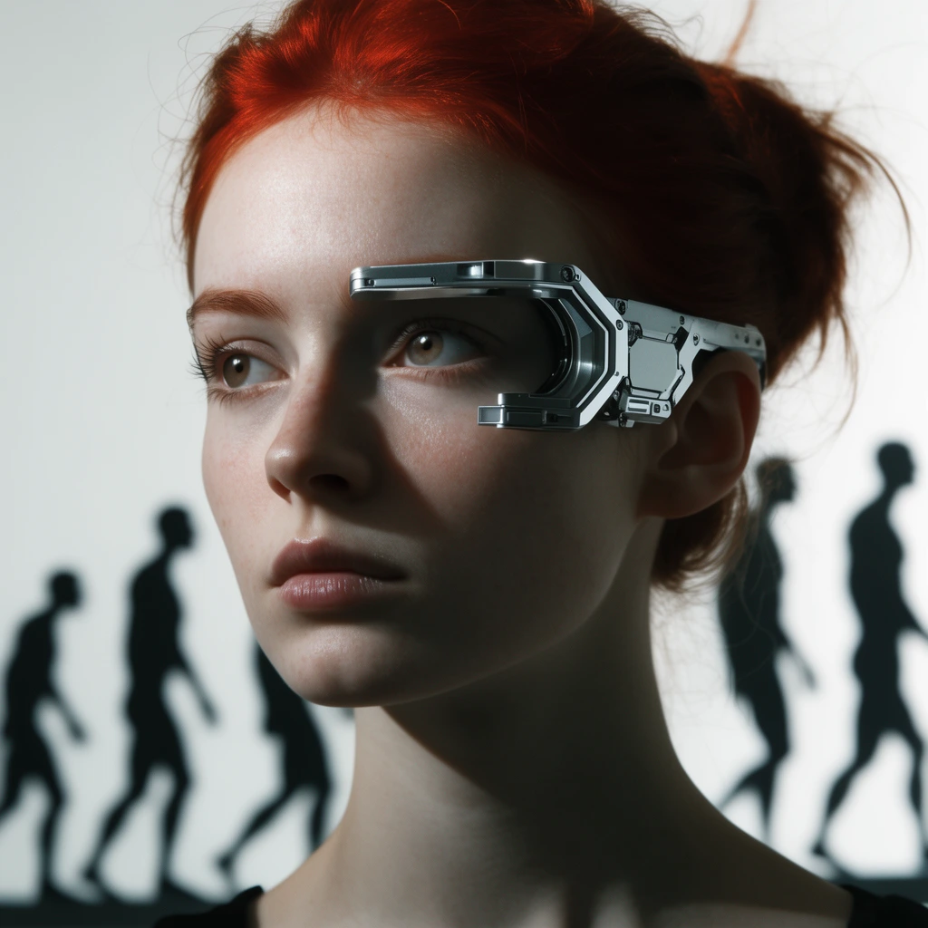 Close-up cinematic portrait of a young pale woman with fiery red hair wearing a sleek silver cybernetic eyepiece. She gazes off-camera under dramatic side lighting. The stark white background features dark, blurry silhouettes depicting human evolution stages.
