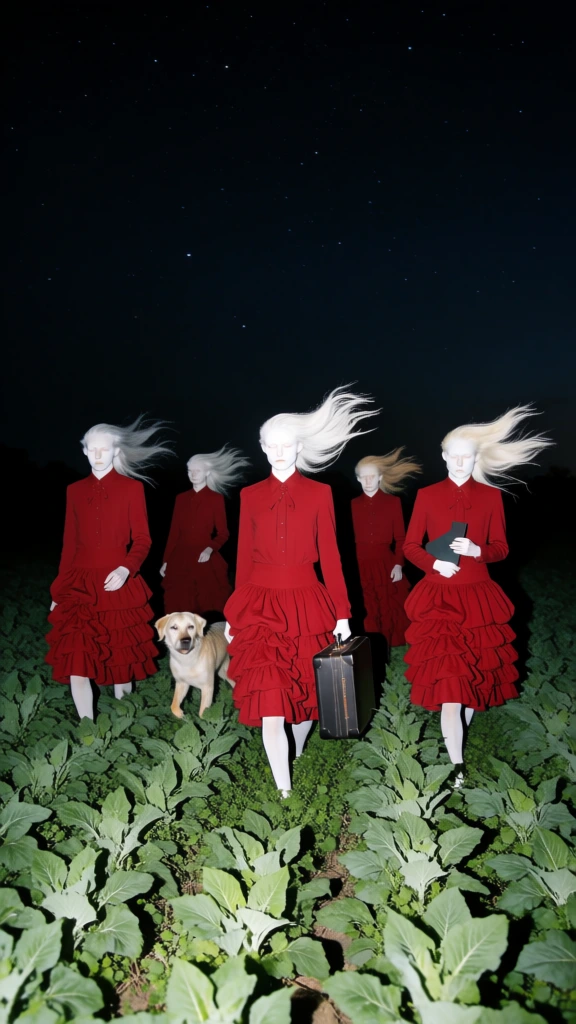 cinematic night scene with harsh flash lighting, five humanoid figures in deep red garments and a dog walking through a lush field of green leafy plants, carrying a suitcase together, dynamic motion with hair swept upwards, dark navy sky filled with stars, high contrast and saturated colors, emerald greens and rich crimson, film grain texture, surreal and ethereal atmosphere, wide angle perspective, avant-garde fashion photography style, dark atmospheric mood