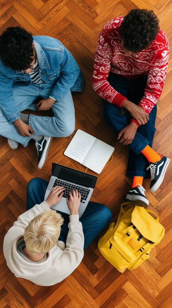 An overhead view of three young men sitting casually on a warm herringbone wood floor. Surrounding an open notebook and silver laptop, one wears a blue denim jacket, another a red and white patterned sweater with bright orange socks, and a blonde individual types beside a yellow backpack. Bright, even lighting emphasizes their geometric arrangement and colorful attire against the rich wooden texture.