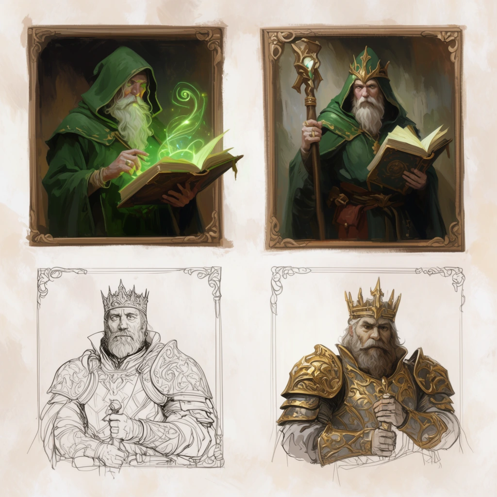 fantasy character concept art sheet, framed painted portraits and line art sketches, wizard in green cloak with glowing spellbook, bearded king in ornate gold armor, light textured background