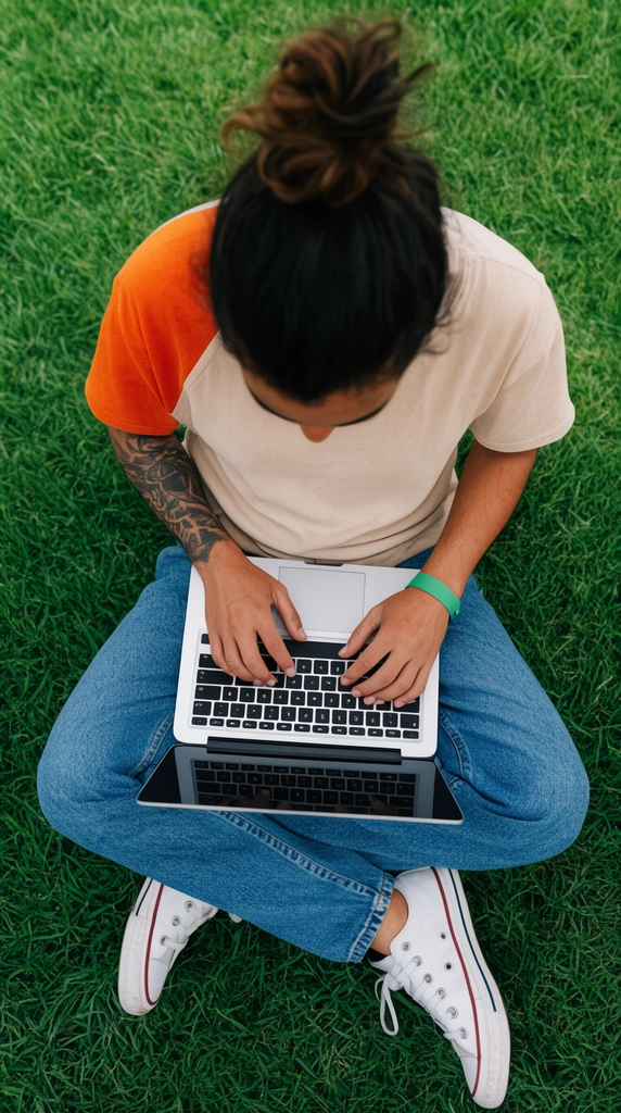 High-angle, top-down view of an individual sitting cross-legged on vibrant green grass, typing on a silver laptop resting on their lap. They have dark hair styled in a messy bun and wear a beige t-shirt with an orange right sleeve, blue denim jeans, and white canvas sneakers. A dark tattoo covers their right forearm, and a green wristband is on their left wrist. Soft, natural daylight illuminates the textured lawn.