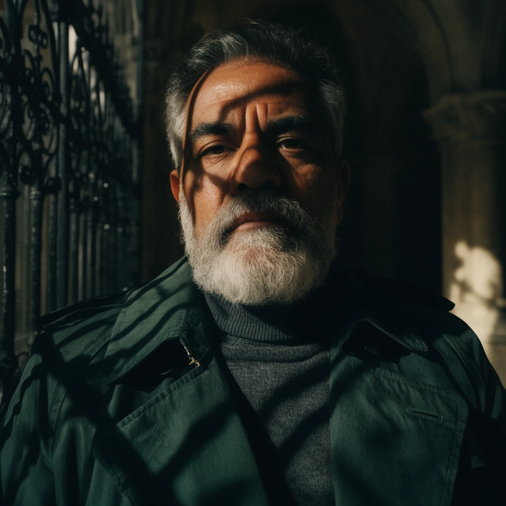 A close-up cinematic portrait of an older Hispanic man with a thick grey beard seated in deep shadows. He wears a dark green trench coat over a charcoal turtleneck. High-contrast shadows from a gothic wrought-iron gate cast striking diagonal lines across his stoic face and upper body. The background is a dimly lit, out-of-focus stone interior. Shot with film noir chiaroscuro lighting and a gritty 35mm photographic aesthetic, sharply focusing on the illuminated portions of his weathered features.