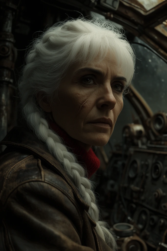 close-up portrait of an older woman with stark white braided hair and a cheek scar, intense gaze looking off-camera, worn leather aviator jacket, crimson turtleneck, dimly lit rusty dieselpunk cockpit background, cinematic low-key lighting with deep facial shadows, 35mm vintage film still, shallow depth of field