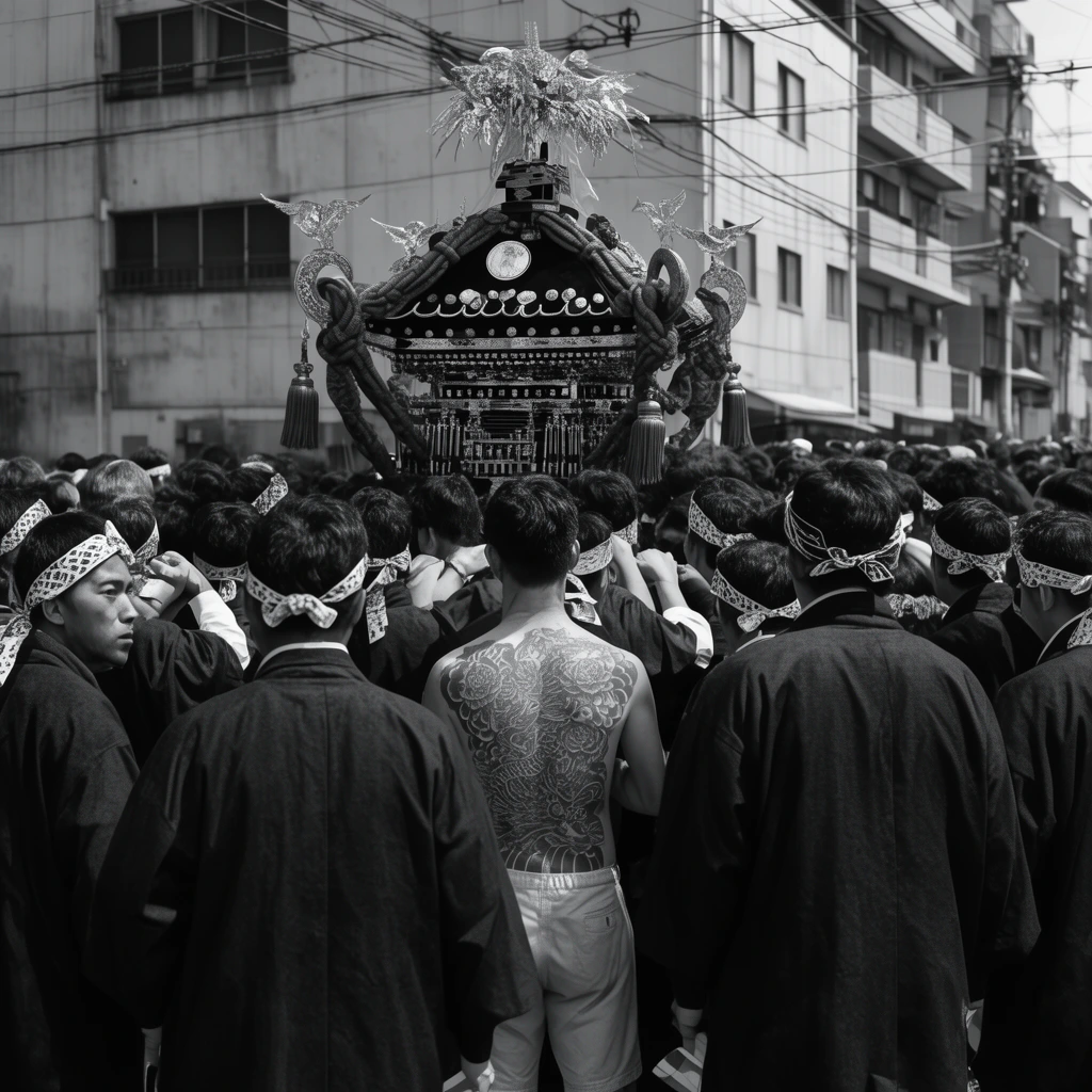 A dense crowd carrying a towering, ornate portable shrine fills an urban street in this high-contrast black and white photograph. Foreground figures wear dark traditional coats and patterned headbands, surrounding a central man displaying an intricate full-back tattoo. The elaborate shrine rises above the massive gathering against a backdrop of multi-story concrete buildings and tangled overhead power lines.