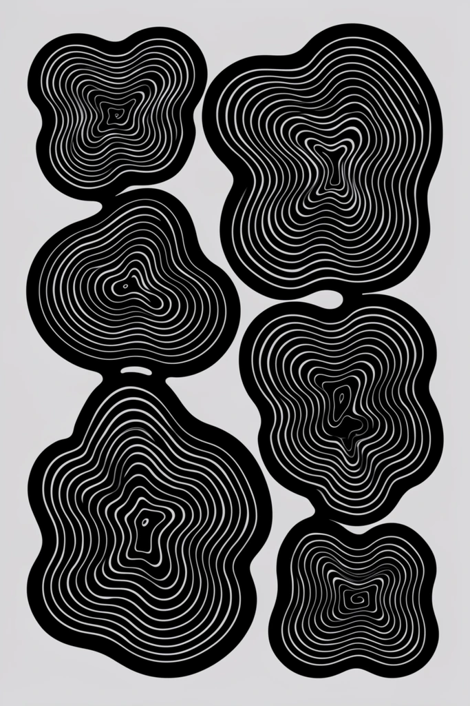 Curvilinear, organic black silhouettes float against a pale gray background, internally patterned with dense, undulating white contour lines resembling topographic maps. The precise white strokes ripple outward from central nodes, creating a hypnotic, concentric optical effect bounded by thick black margins. This high-contrast monochromatic composition arranges the heavily contoured, wavy abstract forms into two dynamic clusters in a flat, two-dimensional vector art style.