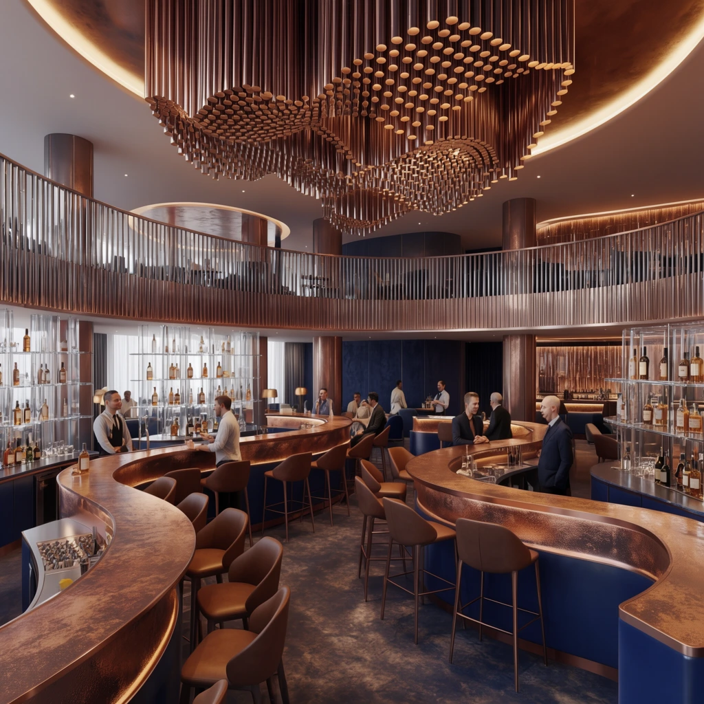 luxurious multi-level lounge and bar interior, sweeping serpentine curved bar counters with textured bronze surfaces and navy blue bases, modern brown leather bar stools, massive custom ceiling chandelier of hundreds of hanging metallic cylinders forming undulating wave patterns, mezzanine balcony enclosed by vertical metallic slats, transparent glass shelving displaying bottles, small groups of patrons and staff conversing, warm ambient cove lighting, photorealistic 3D architectural visualization, rich copper and navy blue color palette, wide elevated perspective