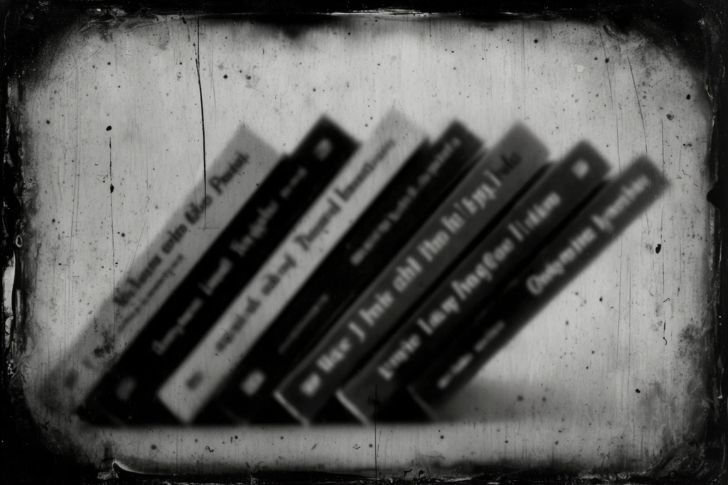Six books fan outward from the bottom left toward the top right, displaying visible text across their exposed page edges. The arrangement is captured in a high-contrast, distressed monochrome aesthetic characteristic of an antique wet plate collodion photograph. Extreme, ethereal blur softens all sharp lines, reducing the stacked volumes to deep, crushed black forms against a stark, mottled light gray background. The image surface is saturated with physical artifacts, including deep vertical scratches, dark scattered dust spots, and varied speckles. A thick, uneven, blackened vignette encloses the composition, resembling decaying chemical emulsion that heavily shadows the borders and emphasizes the luminous, degraded texture of the central frame.