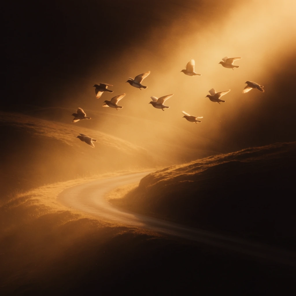 Eleven birds fly through a dramatic, hazy beam of intense, warm golden light sweeping across rolling hills and a winding road. The birds are caught mid-flight within the luminous, dusty atmospheric ray, their wings highlighted by bright, glowing rim lighting against a deeply shadowed background. Below them, the winding road and the crests of the hills emerge selectively from profound darkness, their textures softly illuminated by the thick amber beam. The composition relies on extreme chiaroscuro, utilizing a highly restricted analogous color palette of rich sepia, radiant gold, and deep velvety brown. The single directional light source acts as a sharp spotlight cutting through dense, visible airborne haze, creating ethereal, glowing highlights that contrast sharply with the heavy, deep brown shadows dominating the negative space at the edges of the frame. The cinematic photography style features a soft, atmospheric diffusion within the glowing light ray and rich, textured shadow areas.