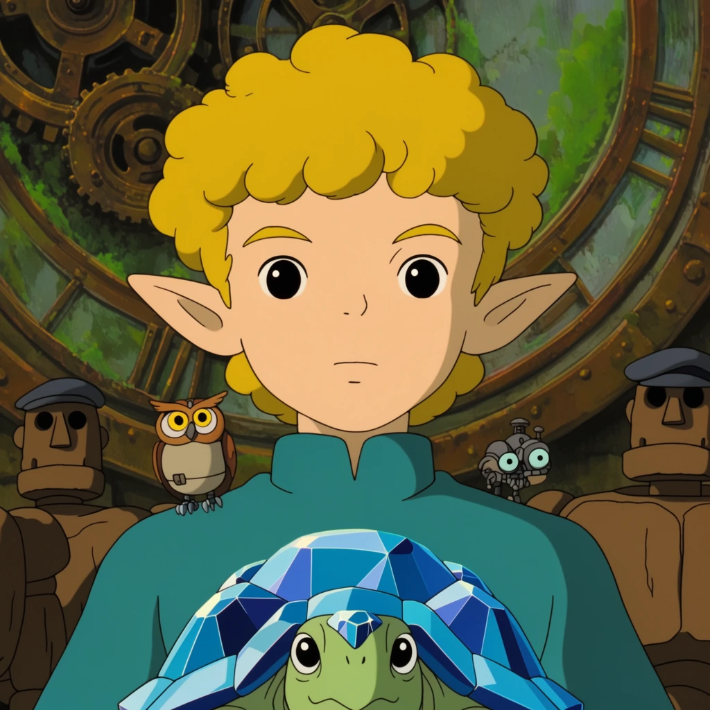 young elven boy with curly blonde hair and large dark eyes, wearing a high-collared teal tunic, accompanied by a blue crystal tortoise and a tiny mechanical owl, background features stoic wooden golems in flat caps, steampunk clocktower interior with large bronze gears and moss-covered glass, traditional 2D animation style, flat vibrant colors, cinematic close-up