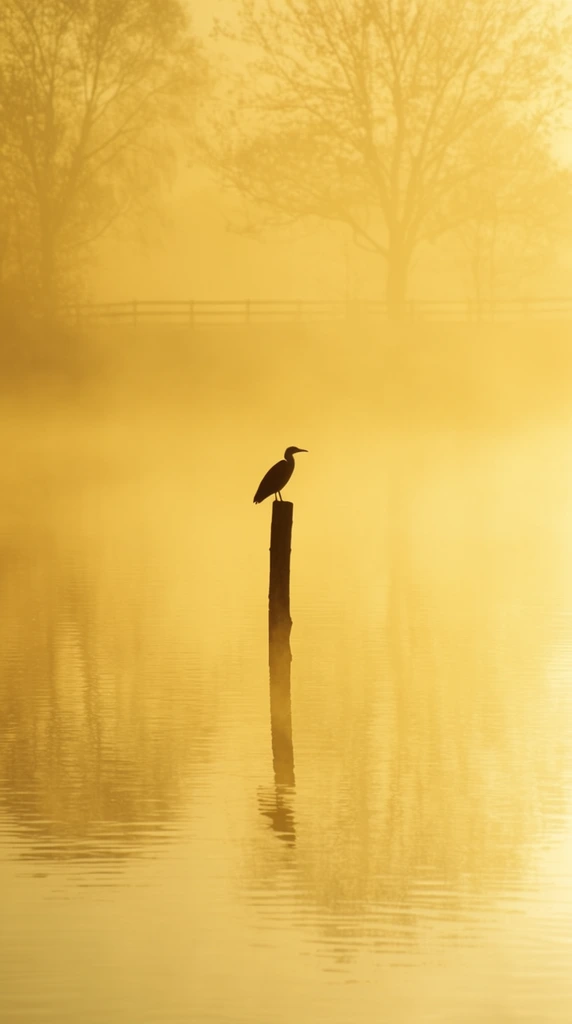 A silhouetted bird perches on a lone wooden post in calm water, completely enveloped in a glowing, thick golden mist. Faint outlines of trees and a distant fence reflect softly on the rippling surface in this serene, monochromatic yellow composition.