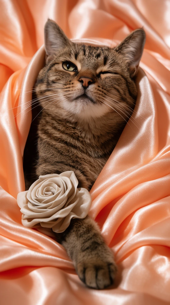 A brown tabby cat winking one eye rests swathed in folds of shimmering peach satin. The feline gazes upward with a calm expression, its face framed by the draped fabric. One extended paw wears a large pale beige fabric rose. Soft directional lighting accentuates glossy textile highlights, deep folds, and intricate fur patterns in this warm close-up portrait.