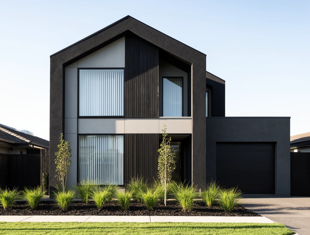 A modern two-story residence features an asymmetrical gabled facade outlined by a thick, textured dark charcoal frame. Recessed within this bold border are stacked rectangular windows with white vertical blinds, smooth light grey panels, and dark vertical wood slat cladding. The exterior utilizes dark grey stucco, connecting to a dark garage door on the right. A front garden includes dark mulch, bright green ornamental grasses, slender young trees, a concrete walkway, and a manicured lawn. Photographed in crisp architectural style under a clear pale blue sky, strong natural sunlight casts deep shadows highlighting the building's geometric depth and material contrasts.