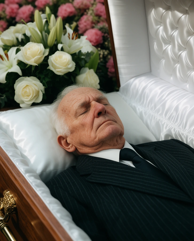 elderly man resting in a casket, eyes closed, dark pinstripe suit, white shirt, dark tie, tufted white satin interior, white pillow, white roses, lilies, pink background flowers, soft natural lighting, high-angle medium close-up, cinematic style