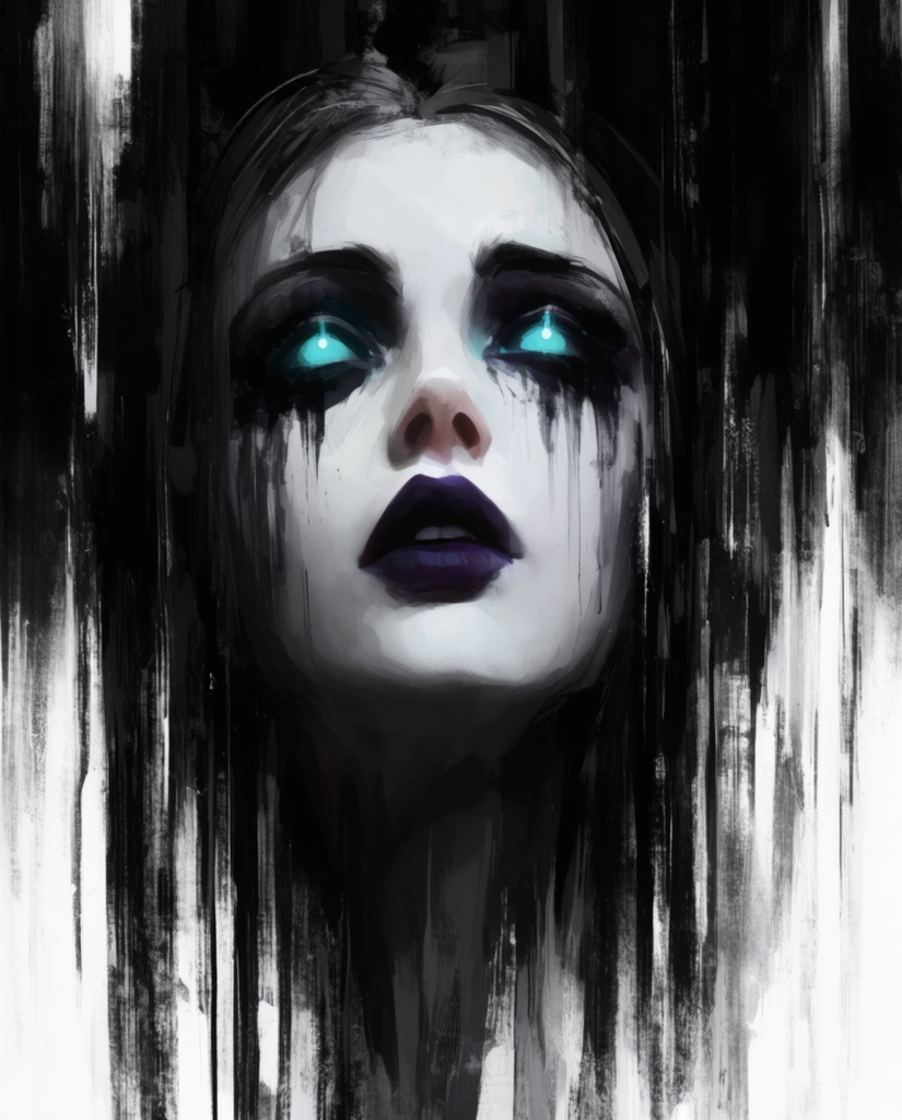 Pale female figure, glowing cyan eyes, head tilted upward, dark purple lips slightly parted, smeared dark eye makeup, expressive vertical black and white brushstrokes, monochromatic background, gothic digital painting, chiaroscuro lighting, dark fantasy