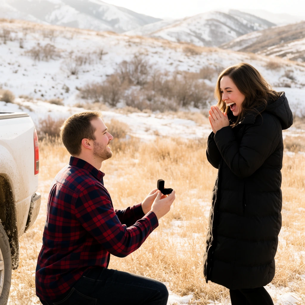 man kneeling to propose to a joyful woman in a snowy mountain landscape, man holding a small black ring box wearing a red and navy plaid flannel shirt and dark jeans, woman reacting with an ecstatic smile and clasped hands wearing a long black puffy coat, partial view of a dirty white pickup truck on the far left, dry golden grass in the foreground, rolling hills with patchy snow and sparse dormant brush in the background, bright warm natural sunlight, candid outdoor photography, eye-level medium shot