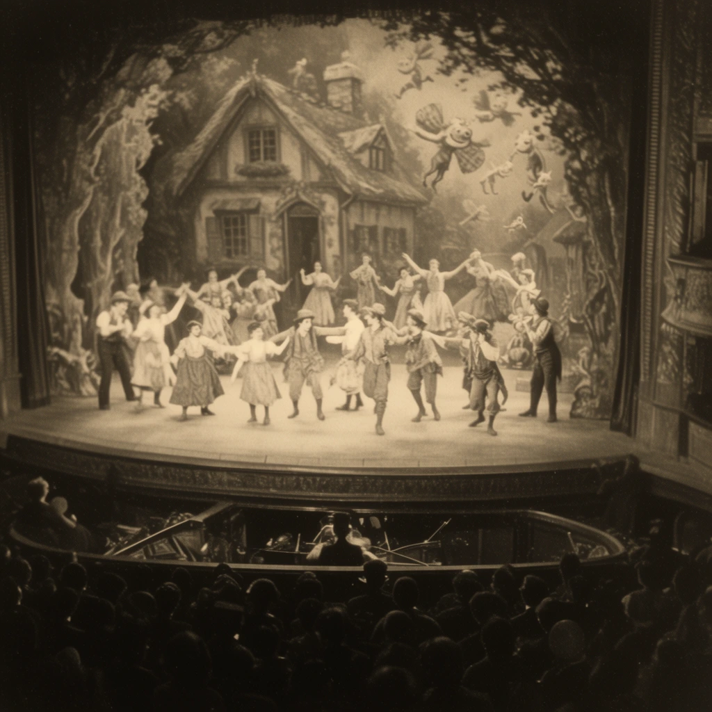 sepia-toned vintage theatrical performance, darkened auditorium perspective, actors and dancers in rustic costumes on a brightly lit stage, painted backdrop of a quaint house and whimsical flying figures, curved stage front, sunken orchestra pit, dense foreground silhouettes of a seated audience, high contrast lighting, soft focus archival photography, grainy texture