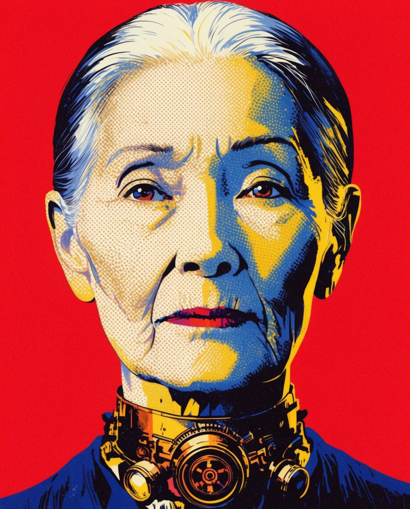 elderly woman gazing forward, slicked hair, steampunk choker, pop art portrait, halftone dots, dark blue shadows, yellow highlights, red background, retro screen print