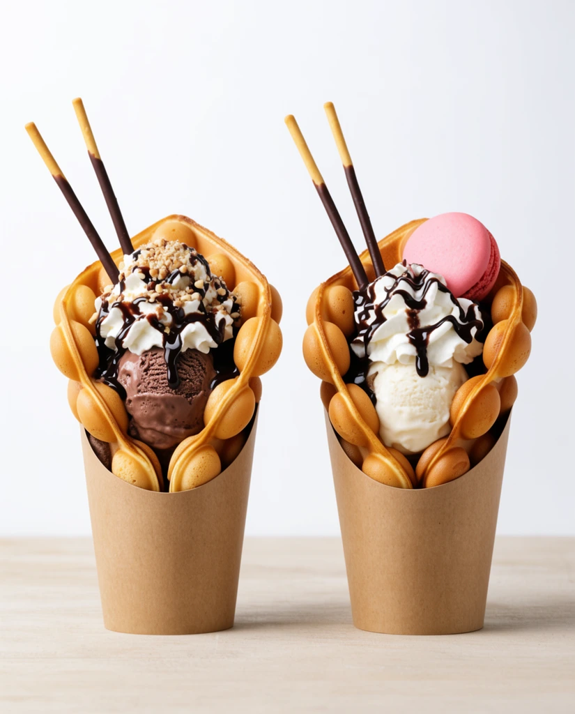 Two golden bubble waffles folded into cones rest in brown paper cups on a light beige wooden surface against a stark white backdrop. The left cone overflows with chocolate ice cream, whipped cream, chocolate syrup, crushed nuts, and two angled chocolate-dipped biscuit sticks. The right cone features vanilla ice cream, whipped cream, chocolate syrup, a pink macaron, and matching biscuit sticks. Bright studio lighting highlights textures in a clean, minimalist commercial food photography style.