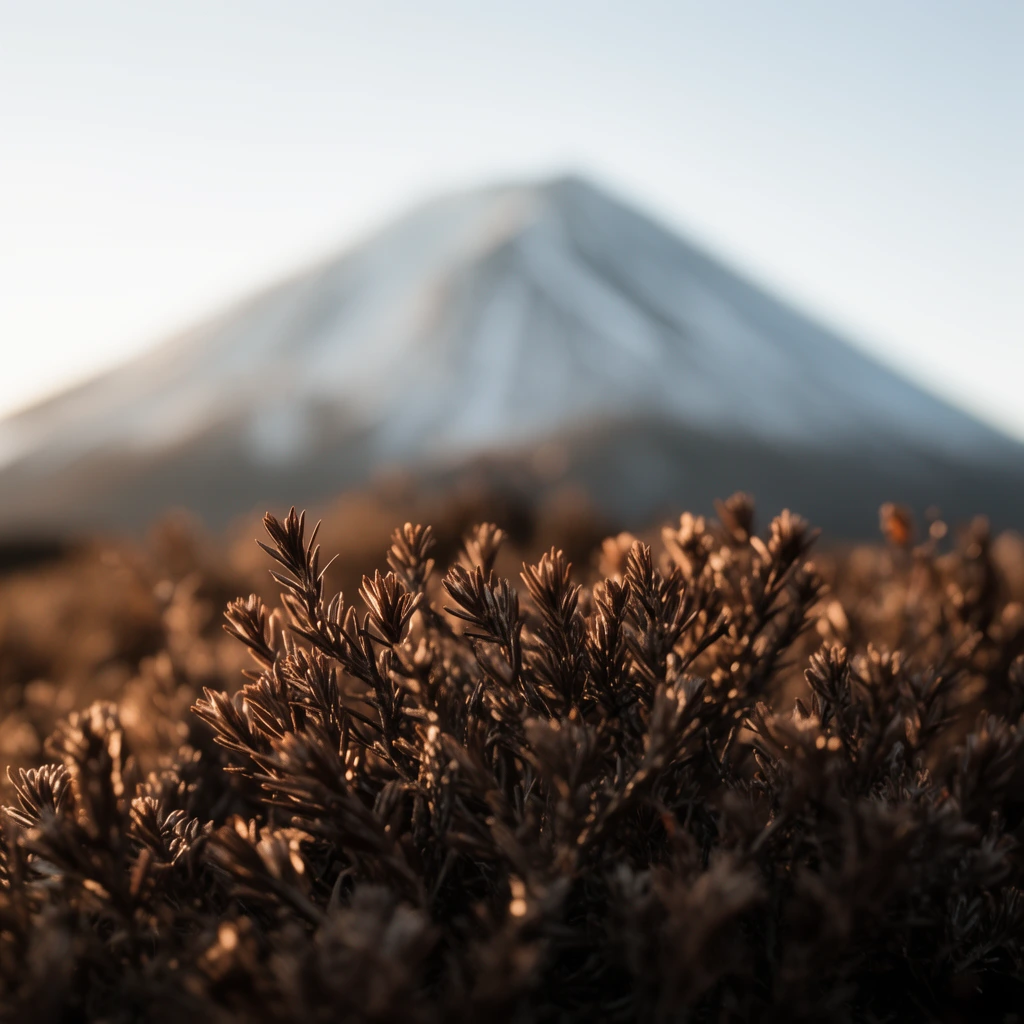 extreme close-up of dry brown shrubbery with needle-like leaves, sharp foreground focus, warm golden rim light on textured foliage tips, heavily blurred background, massive snow-capped conical mountain, pale clear sky, gradient from white to light blue, extremely shallow depth of field, macro photography, cinematic golden hour lighting, earthy brown tones contrasting with a faded distant alpine peak