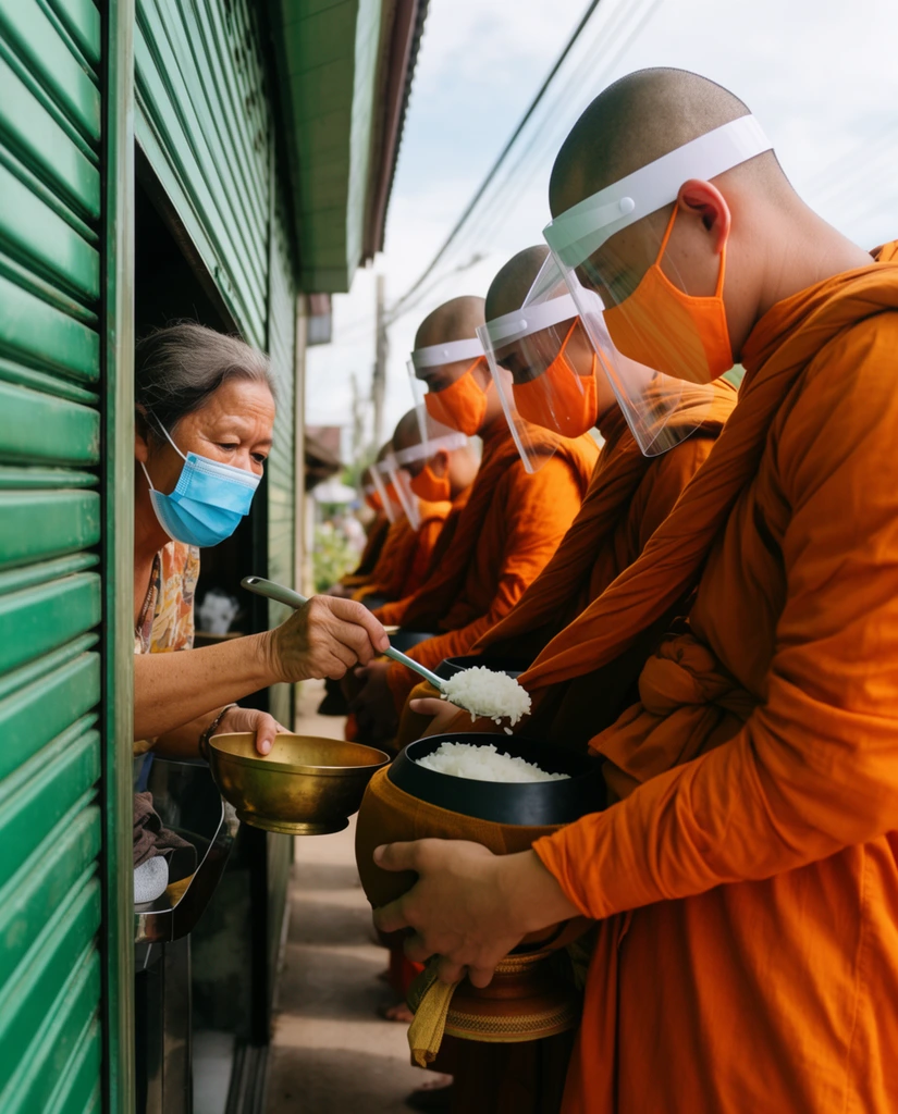 An older woman in a blue surgical mask serves rice to a line of monks wearing saffron robes and clear plastic face shields. Leaning past a green corrugated metal shutter, she ladles rice from a brass bowl into the cloth-covered alms bowl of the nearest monk. The monks have shaved heads and orange cloth masks beneath white-banded visors. Shot from a low-angle perspective, this documentary photograph uses natural daylight and shallow depth of field to highlight the vibrant contrast between the orange garments and green architectural details against a hazy sky.
