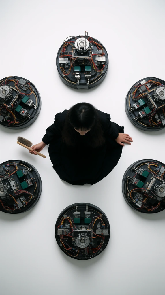 A top-down view of a dark-haired figure in a black dress kneeling on a pristine white floor, holding a wooden-handled brush. Six identical disc-shaped robots with exposed wiring and mechanical parts form a perfect circle around them. Soft lighting highlights the stark, minimalist contrast.