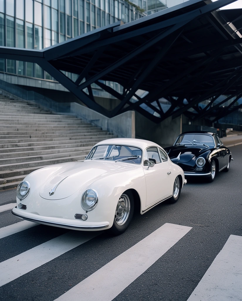 A glossy white vintage sports car with chrome accents sits on a crosswalk, trailed by a sleek black classic car. Both rest on asphalt beneath a large, angular dark metal canopy. Concrete stairs and a modern building frame the left. Soft daylight reflects off the curved, aerodynamic bodies, contrasting their organic shapes against the cool-toned, geometric urban architecture.