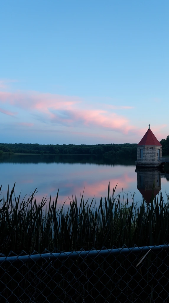 serene lake at twilight viewed through a chain-link fence, tall dark reeds in the foreground, calm water perfectly reflecting a blue sky with soft pastel pink clouds, distant stone pump house with a red conical roof, dark forested horizon, tranquil natural lighting