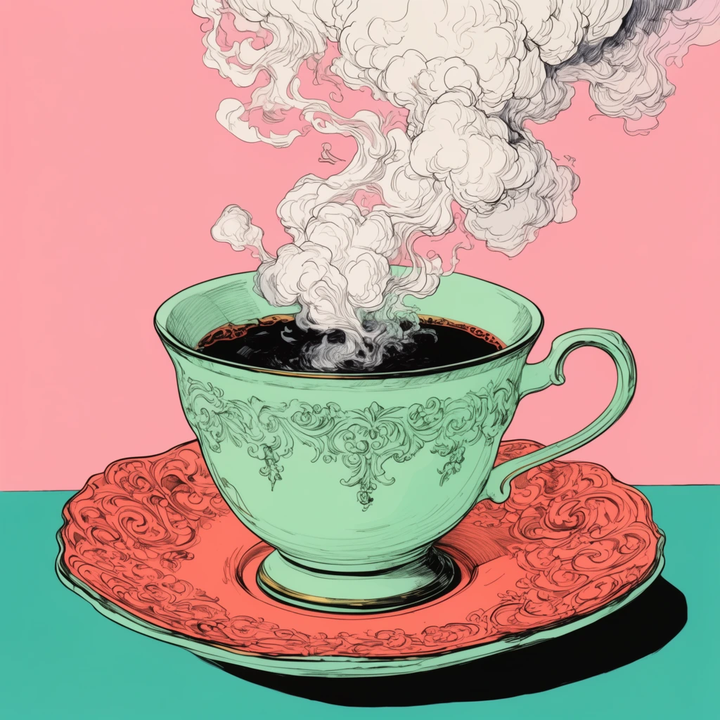 mint green teacup on an ornate coral saucer, elaborate steam rising from dark liquid into billowing clouds, split pink and teal background, crisp ink outlines, pop art illustration