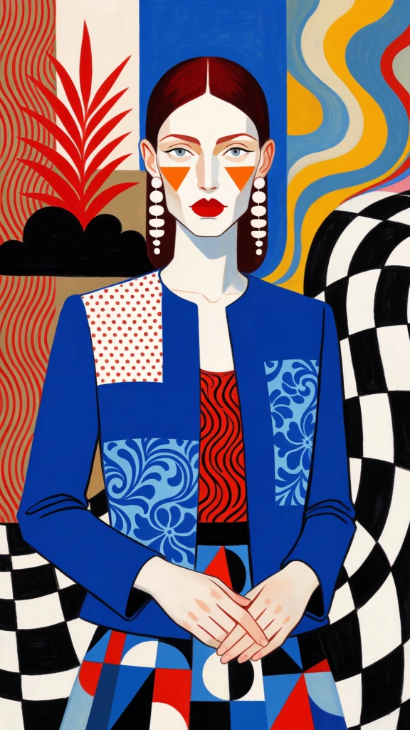 A stylized portrait of a woman with vibrant makeup and patterned clothing stands centrally against a complex backdrop of abstract shapes and textures. The woman faces directly forward with a neutral expression, her ivory-white skin contrasting with dark red, sleek hair parted down the center. Her facial features are highlighted by sharp blue eyeliner, bold red lipstick, and bright orange geometric triangles on her cheekbones. Large, white, dangling earrings composed of stacked circular discs hang from her ears. She wears a structured royal blue jacket featuring a variety of textures, including panels of red polka dots on a white ground and intricate blue-on-blue floral swirls. Her hands are clasped at her waist, resting just above a skirt decorated with a geometric grid of blue, red, black, and white shapes. The background is a dense, eclectic collage of motifs: to her left, a large, stylized red plant shape sits against a black field next to vertical columns of wavy lines in red and tan; to her right, organic shapes in yellow and blue transition into a swirling black and white optical pattern. The image is a graphic illustration characterized by flat planes of color, bold outlines, and a high-contrast palette of primary colors and monochromatic tones. The composition is symmetrical and centered, employing a frontal perspective with even, shadowless lighting that emphasizes the two-dimensional, surrealist aesthetic.