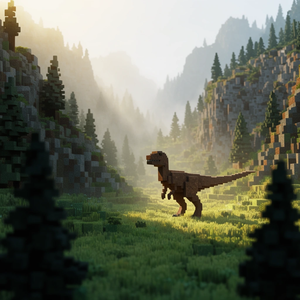 voxel art valley landscape, blocky terrain of 3D cubes, steep mountains with voxel pine trees, atmospheric morning fog, strong volumetric light rays, brown blocky bipedal dinosaur in a sunlit clearing, blurred dark tree silhouettes framing the foreground, shallow depth of field, lush green grass blocks, warm golden sunlight, highly realistic lighting
